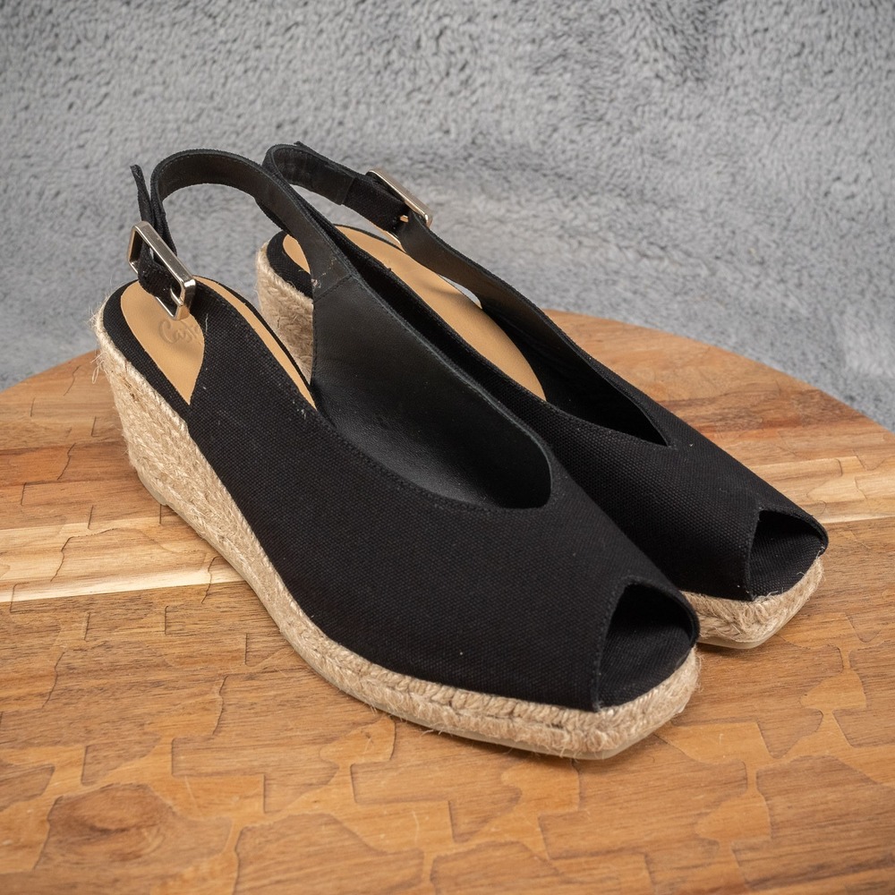 CASTANER Dosalia Black Peep Toe Espadrille Wedge Sz 37/7 Summer